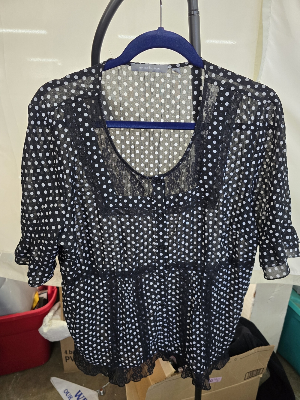 NY Collection Black & White Polka Dot Top With Lace Trim